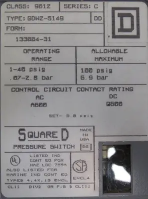 NEW SQAURE D 9012-GDW2-5149 PRESSURE SWITCH 9012GDW25149