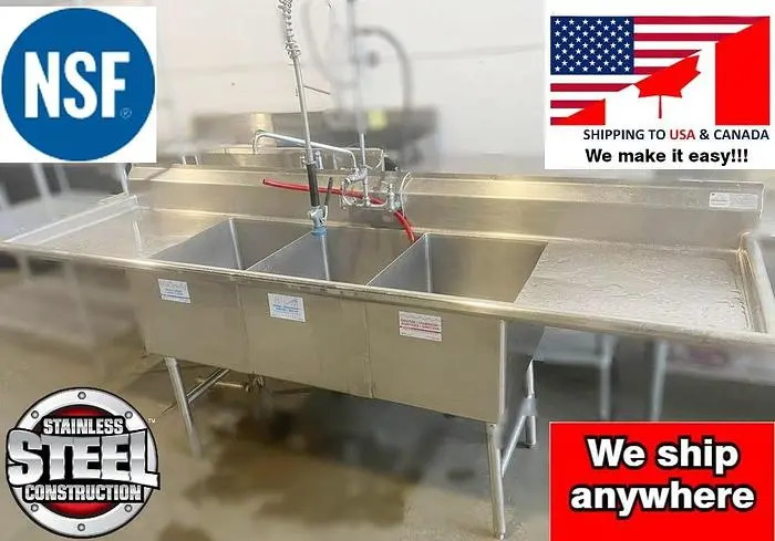 Triple pot sink with drain boards and spay faucet and add on taps