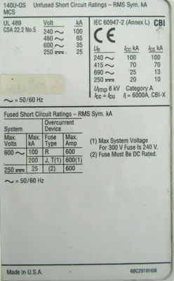 NEW ALLEN BRADLEY 140U-Q6D3-D60 CIRCUIT BREAKER SER.A 600A 140UQ6D3D60