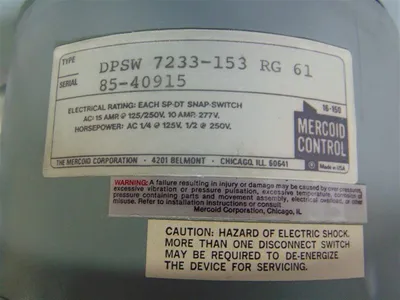 Mercoid Control DPSW 7233-153 RG 61 Differential Pressure Switch 0-10 PSID New NIB