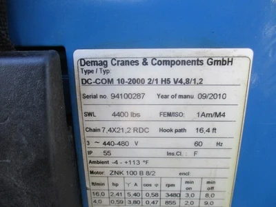 Used DEMAG DC-COM-10-2000-2/1-H5-V4-8/1.2 Hoists (All Types) California US | TNT Industrial #1266913