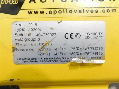 Apollo A0200U Actuated Ball Valve 2.2"  8.2 Bar 120 PSI Max. PED Group 2 USed