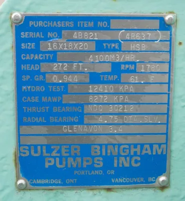 USED SULZER BINGHAM 16X18X20 HSB