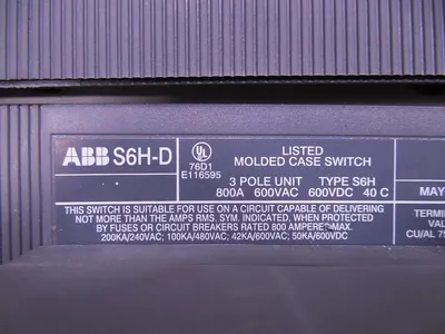 ABB S6H-D SACE S6 Molded Case Switch 800 Amps 600VAC Used
