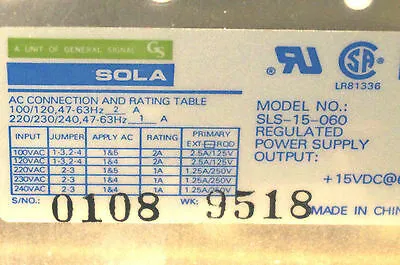 NEW SOLA ELECTRIC SLS-15-060 POWER SUPPLY SLS15060