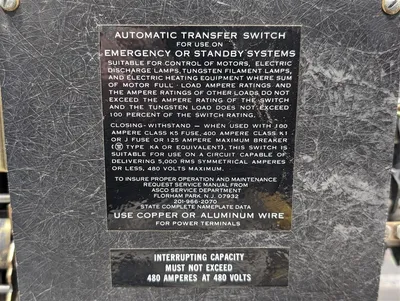 100 Amp ASCO Issue 231 K010051376 Automatic Transfer Switch 480V Used