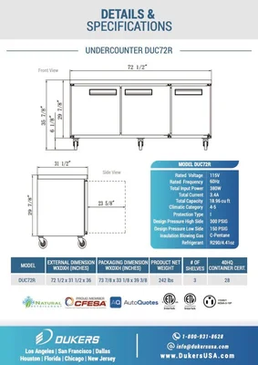 New | in-Stock Dukers New Dukers DUC72R 3-Door Undercounter Commercial Refrigerator in Stainless Steel Undercounter Refrigerators Illinois US | Falcon Restaurant Supply #1376284