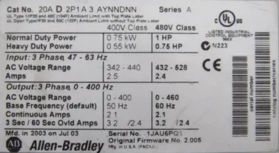 USED ALLEN BRADLEY 20AD2P1A3AYNNDNN POWERFLEX 70 DRIVE 1HP