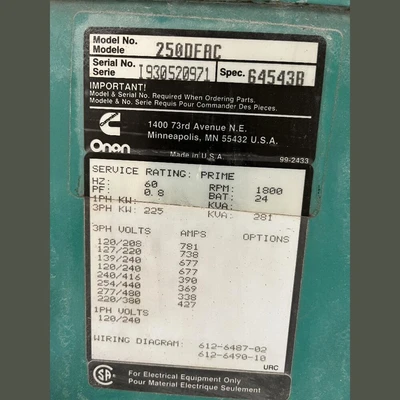 USED CUMMINS ONAN 250DFAC