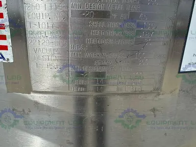 USED PRECISION 250 LITER STAINLESS STEEL JACKETED REACTOR 45 PSI W/ LIGHTNIN MIXER.