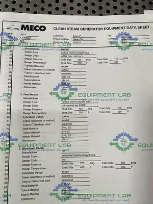 USED MECO VERTICAL SHELL & STRAIGHT TUBE HEAT EXCHANGER 125 PSIG W/ SS FRAME & GAUGES