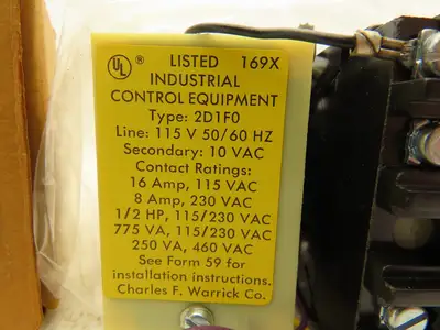 Warrick 2D1F0 Control Relay 115/230VAC 1/2Hp 10VDC Coil