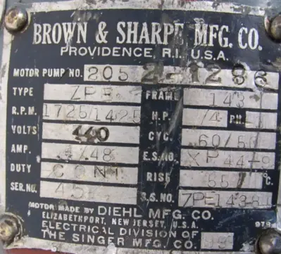REFURBISHED BROWN & SHARPE 2052-1286 PUMP 1/4HP 440V TYPE ZPE 20521286