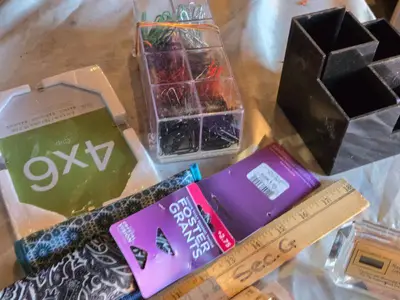 Office Supplies Lot including Storage Drawers, Rulers, and Desk Accessories