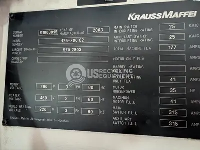 Used 2003 KRAUSS MAFFEI KM 125-700 C2 INJECTION MOLDER Injection Molding Machines Indiana US | US Recycling Equipment #1280094