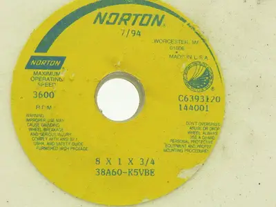 Norton C6393120144001 White Grinding Wheel 8x1x3/4" 3600 RPM 38A60-K5VBE