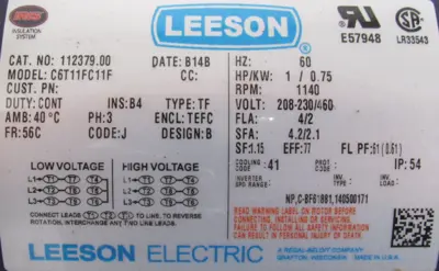 NEW LEESON 112379.00 MOTOR 1HP 208-230/460V 1140RPM 5/8" DIA. C6T11FC11F