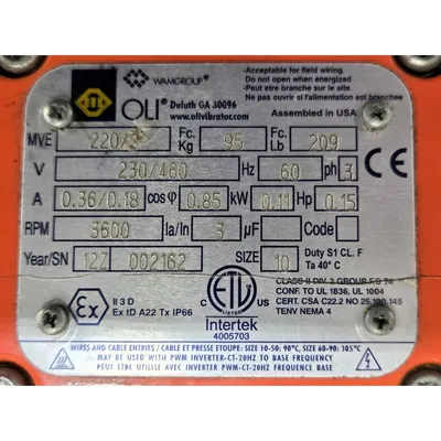 Used OLI VIBRATOR MVE 220/2 Motors (misc) West Virginia US | JM Industrial #1340317