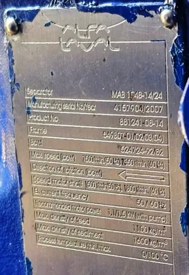 Alfa-Laval MAB 104B-14/24 oil purifier skid, SS.