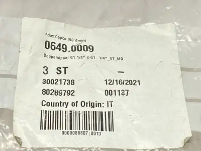 0649.0009 | Atlas Copco  Double Nipple 1-1/4" x 1-1/4" NPT ST DN25 LOT OF 3 - New Other