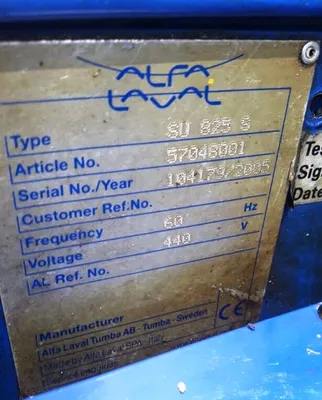 Alfa-Laval S-825 fuel/lube oil purifier, 316SS.
