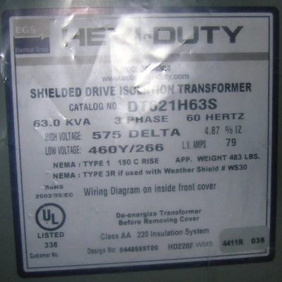 Hevi-Duty 63 kVA Shielded Drive Isolation Transformer