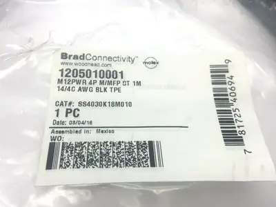 1205010001 SS4030K18M010 M12PWR | Brad Connectivity  4P M/MFP ST 1M Cordset - New Other