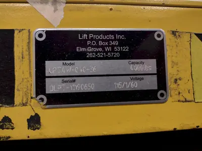 4,000 LBS X 72" X 72" LIFT PRODUCTS MODEL #LPT4W-040-36 HYDRAULIC SCISSOR LIFT TABLE: YOBRO #24987