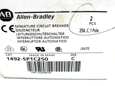 NEW 2 PCS. ALLEN BRADLEY 1492-SP1C250 CIRCUIT BREAKER SERIES C 1492SP1C250