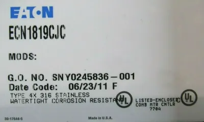 NEW EATON ECN1819CJC COMBINATION STARTER DISCONNECT SIZE 1