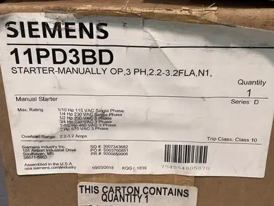 New | in-Stock SIEMENS 11PD3BD Starters Ohio US | HGR 24 #1278545