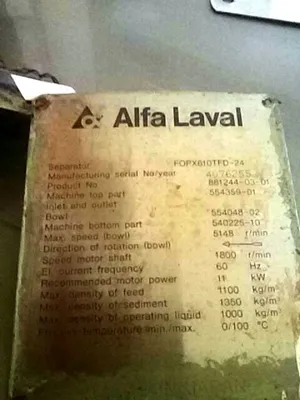 (2) Alfa-Laval FOPX 610 TFD-24-60 oil purifiers, 316SS.