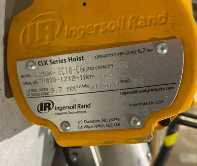 USED INGERSOLL RAND AIR CHAIN HOIST 1/4 TON, 550LBS, CLK SERIES