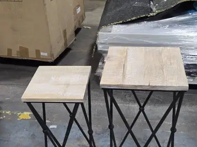 Lot of (2) Side Tables Distressed Wood Top / Metal Frame