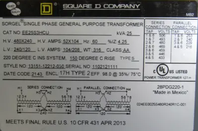NEW SQUARE D EE25S3HCU TRANSFORMER DRY TYPE 1PH 25KVA 240X480V120/240