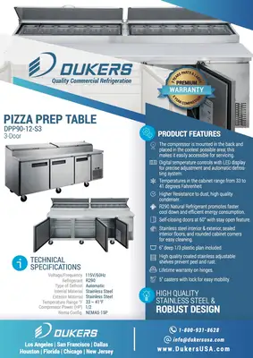 New | in-Stock Dukers New Dukers DPP90-12-S3 Commercial 3-Door Pizza Prep Table Refrigerated Food Prep Tables Illinois US | Falcon Restaurant Supply #1376309