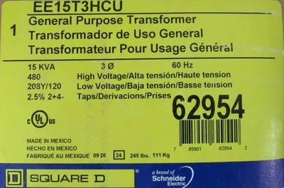 NEW SQUARE D EE15T3HCU TRANSFORMER 15KVA 480V 208Y/120