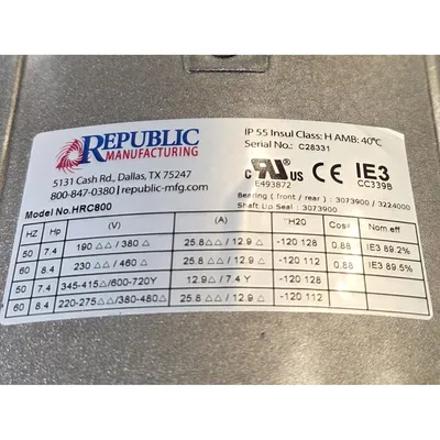 New | in-Stock REPUBLIC BLOWER SYSTEMS HRC800 Blowers West Virginia US | JM Industrial #1332444