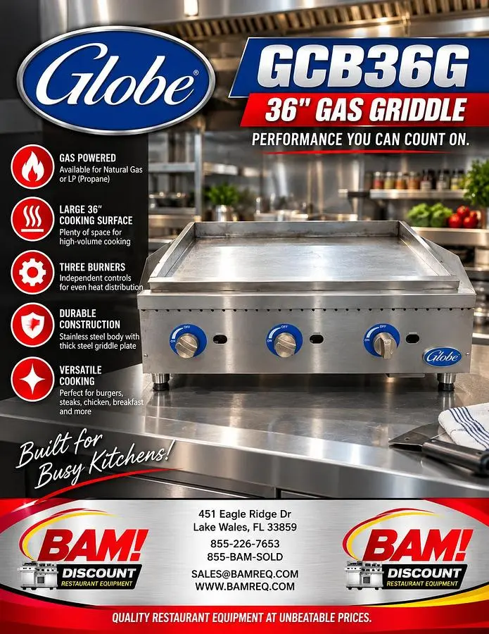 Used GLOBE GCB36G Commercial Flat Top Griddles Florida US | BAM Discount Restaurant Equipment #1452325