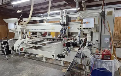 KOCH SBD-B DOUBLE-END FEED-THROUGH TRIM, BORE, GLUE, & DOWEL MACHINE