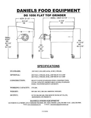 Daniels DG 1056 Flat Top Grinder - Professional Commercial Meat Grinder, 230V, 3 Phase