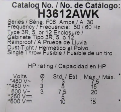 NEW SQUARE D H3612AWK SAFETY SWITCH 30A