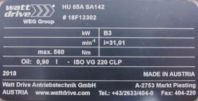 NEW WATT DRIVE HU65A-SA142 GEAR REDUCER 31.01:1 HU65ASA142
