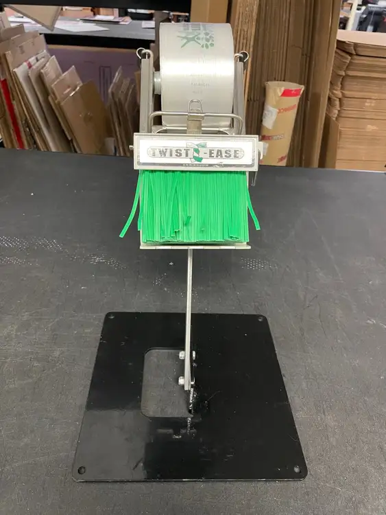 Used Crown Poly Used Crown Poly Pull N Pak Produce Bag Dispenser with Twist Ease Tie Dispenser and Stand Bag Machine Accessories Illinois US | Falcon Restaurant Supply #1375806