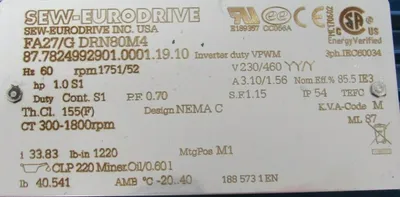 NEW SEW EURODRIVE FA27/G-DRN80M4 GEARMOTOR 230/460V FA27GDRN80M4