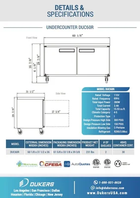 New | in-Stock Dukers New Dukers DUC60R 2-Door Undercounter Commercial Refrigerator in Stainless Steel Undercounter Refrigerators Illinois US | Falcon Restaurant Supply #1376253
