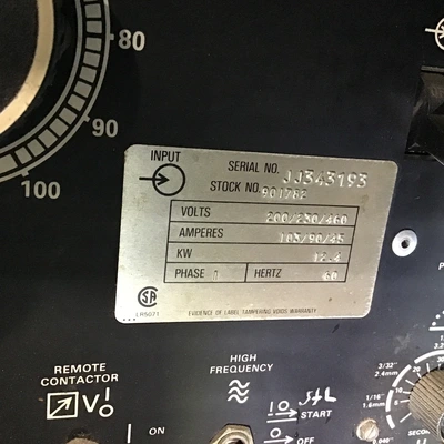 Miller DIALARC HF Welder 200/230/460Volts 1Phase 60Hz 103/90/45Amperes