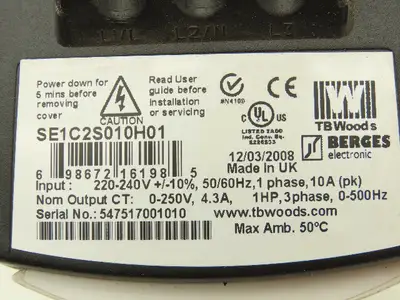 TB Woods 698672161985 AC Drive 1Hp 230V 1Ph In VFD S Series Single Phase Input
