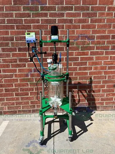 USED CHEMGLASS 10 LITER JACKETED GLASS REACTOR W/ CHEMGLASS DIGITAL OVERHEAD STIRRER