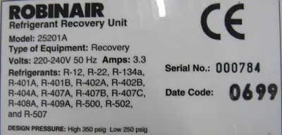 NEW ROBINAIR 25201A REFRIGERANT RECOVERY UNIT 220-240V 50HZ